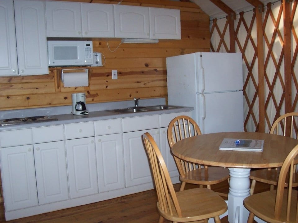 Tent, Non Smoking, Kitchenette (Yurt Hideaway, No Pets) | Private kitchen | Fridge, microwave, stovetop, coffee/tea maker