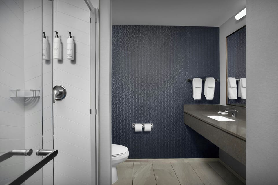 Combined shower/tub, free toiletries, hair dryer, towels