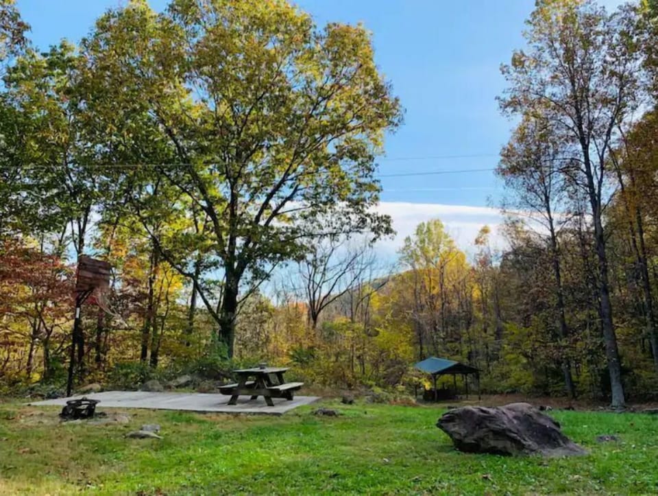 The backyard is secluded, perfect for gatherings with friends & family