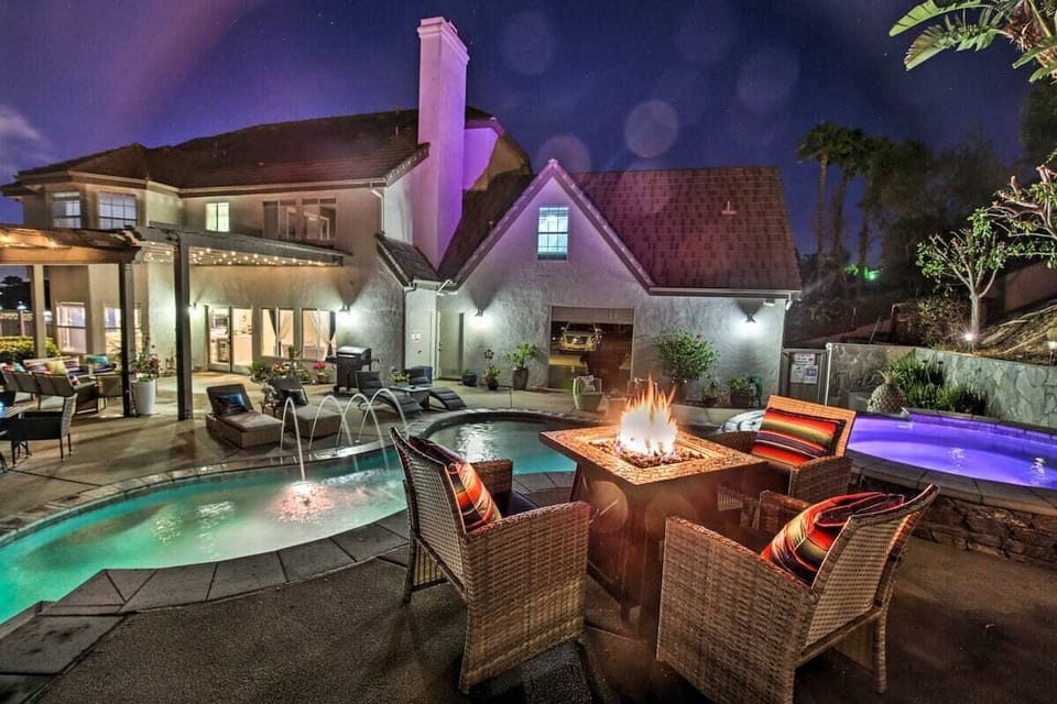 Fireside nights with glowing pool vibes and luxe relaxation!