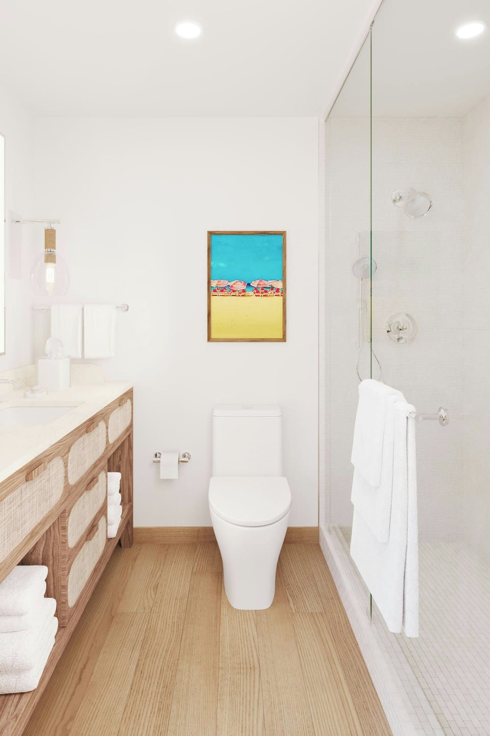 Combined shower/tub, free toiletries, hair dryer, bathrobes