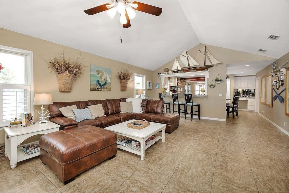 Living room seating next to the breakfast bar