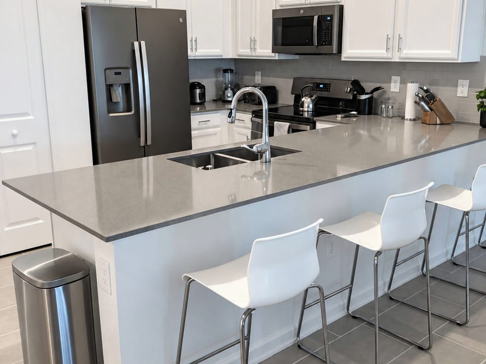 Modern kitchen island with breakfast bar seating
