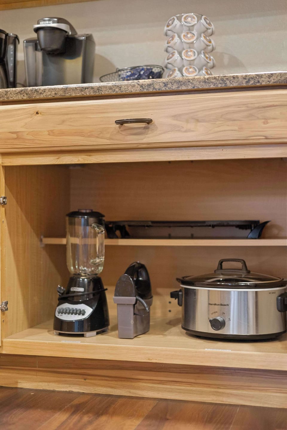 The kitchen also has amenities like a blender, hand mixer, crock pot and rice cooker. 