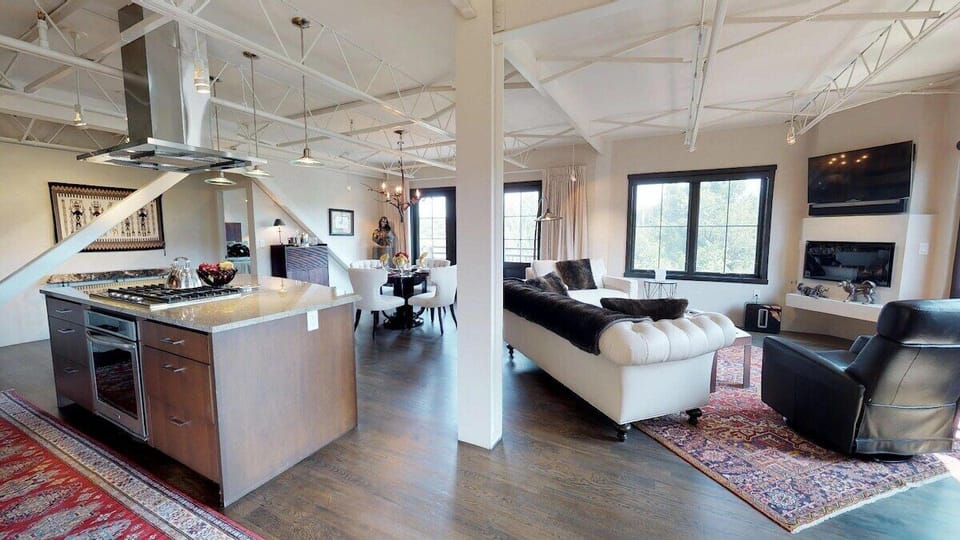 Kitchen, dining area and living room