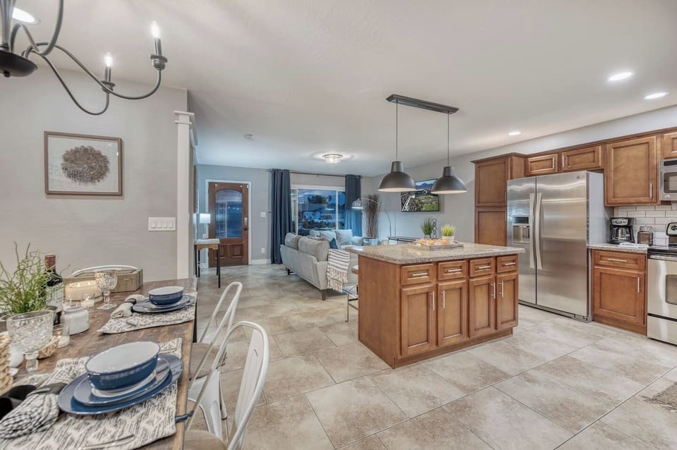 Dining, kitchen and living room