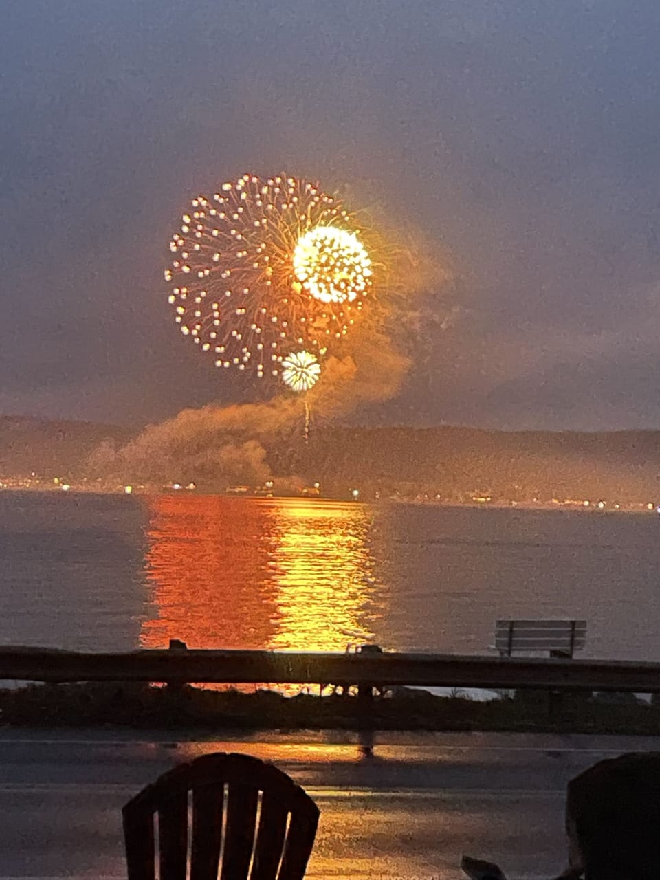 Fireworks over the lake. Watching from the lake. 