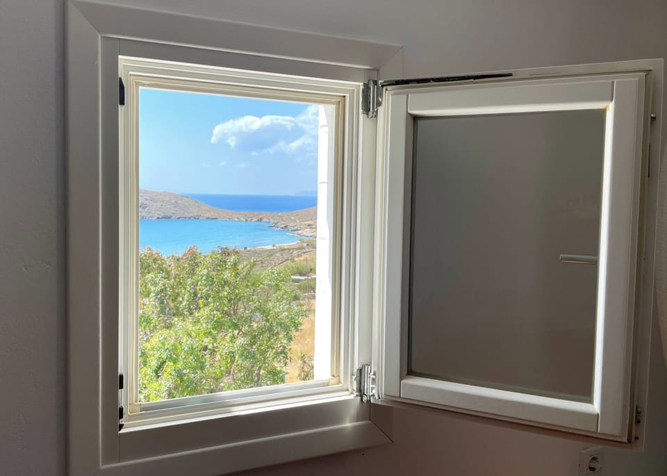 Mezzanine bedroom view - directly overlooking the beach and the Aegean sea.