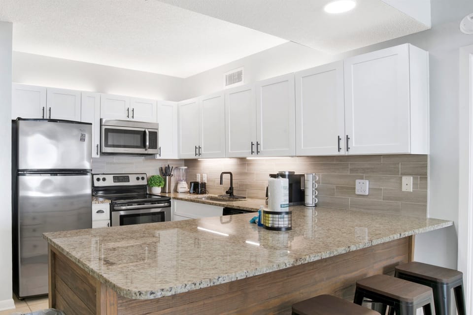 Fully-stocked kitchen, and an available pantry with room to store your snacks and games.