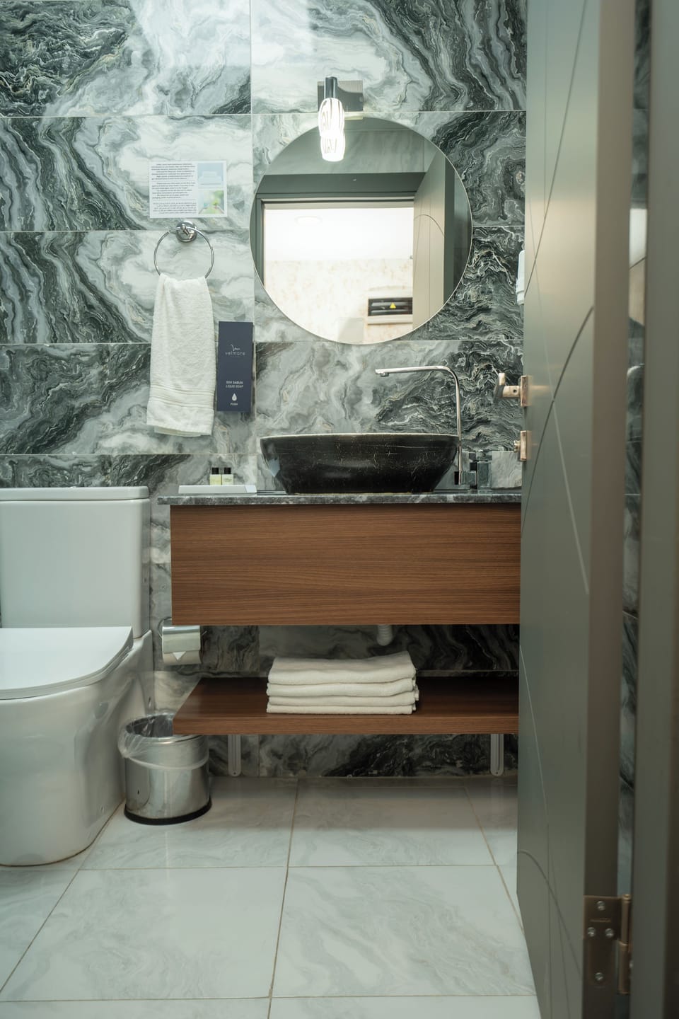 Hair dryer, slippers, towels, soap