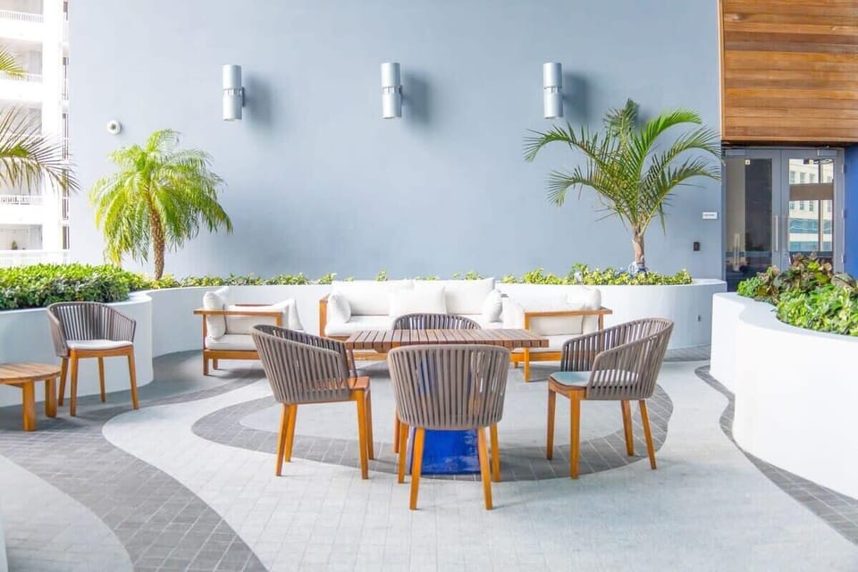 Experience the epitome of Miami chic in our outdoor lounge, a stylish space for relaxation and socializing.