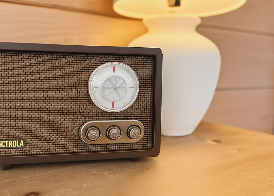 Vintage-style radio and warm lighting add a cozy cabin charm to your stay.