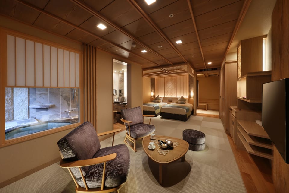 Japanese Western Style Twin Room with Private Hot Spring Bath and Higher View,Non Smoking (Shuhokan) | In-room safe, iron/ironing board (on request), WiFi (free)