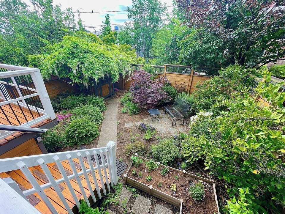 Current photo- Fully fenced front yard with garden herbs and flowers, such a peaceful oasis in the city!