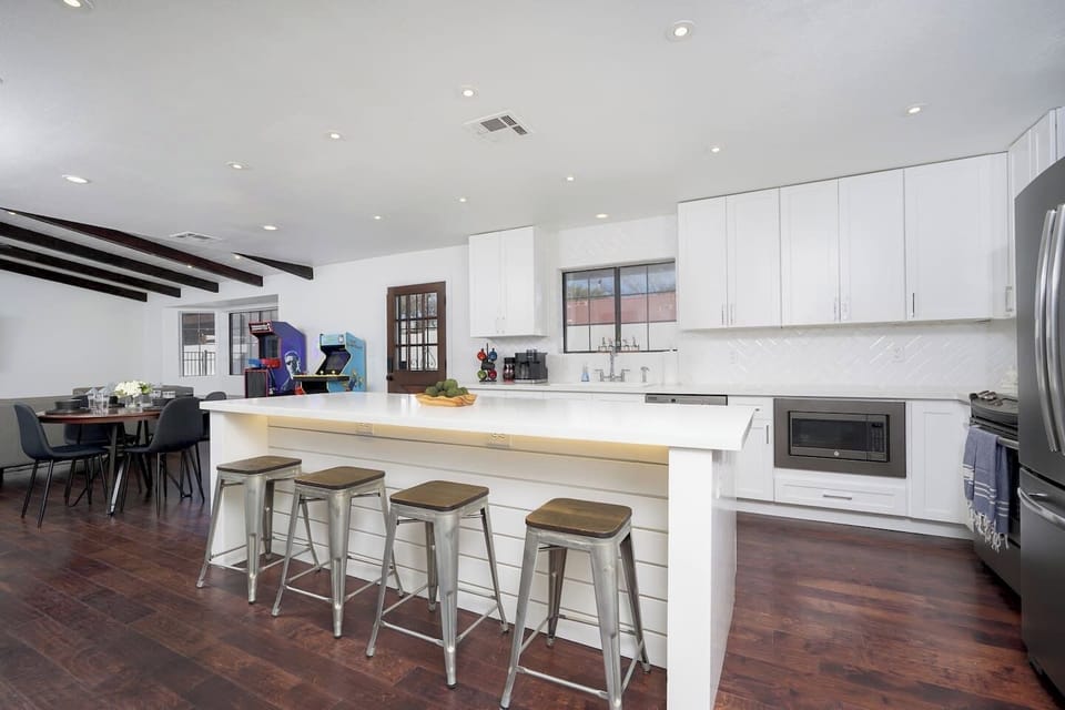 The large 9 foot island has 4 barstool seats and enough space to lay out your feast.