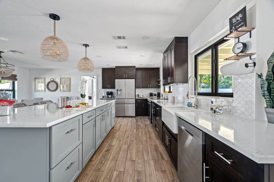 A big kitchen island is the focal point of the home.