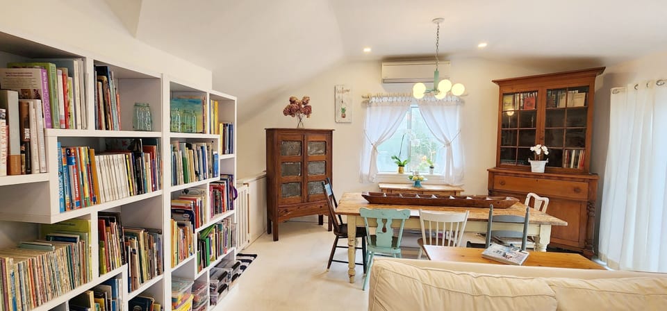 Living Room south view with library.