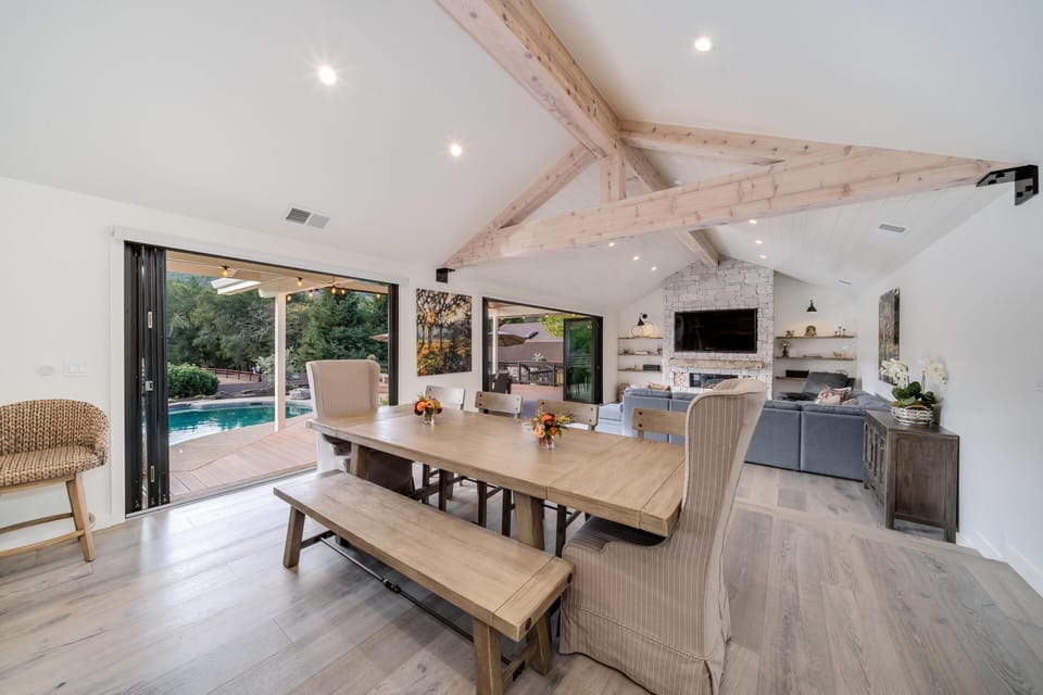 Sunlit dining area with poolside views for memorable meals