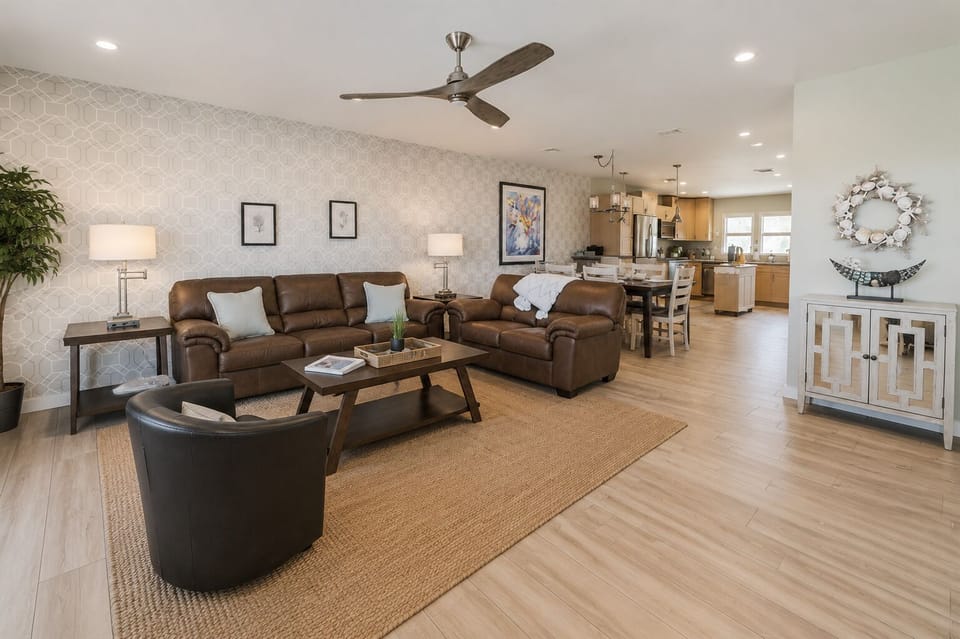Smart TV & Fireplace Vibes Enjoy movie nights by the fireplace with a 50" smart TV. The perfect place to relax after a beach day.