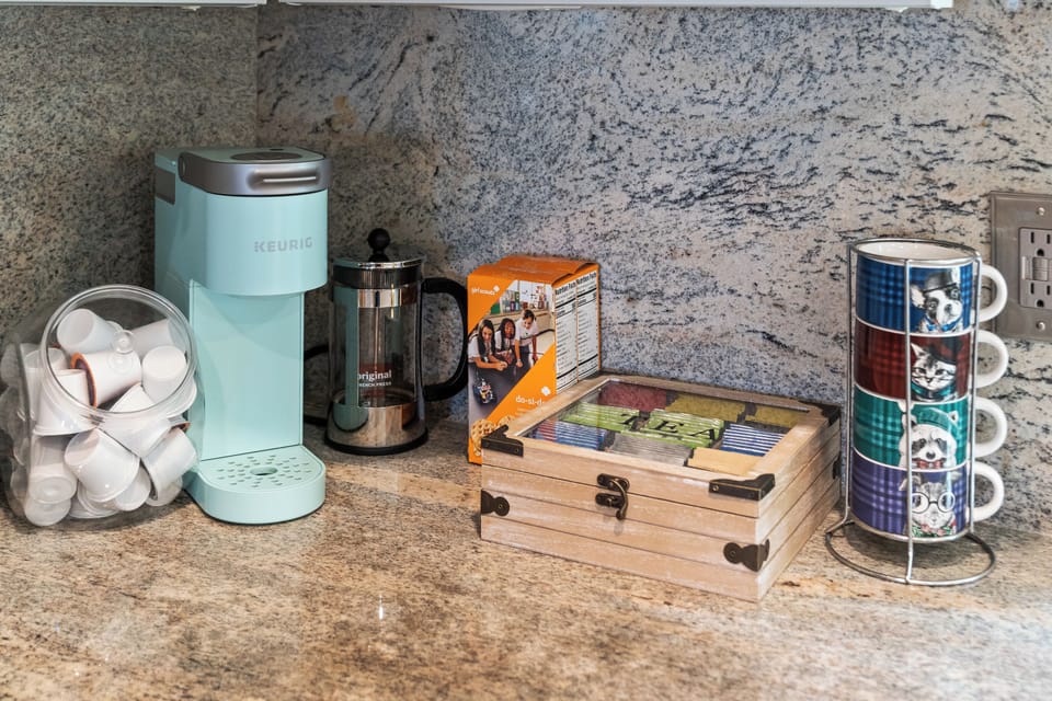 Coffee Station: Coffee, Pods & Tea Included Enjoy a fresh cup with your choice of Keurig pods or tea—your vacation caffeine fix is ready when you are.