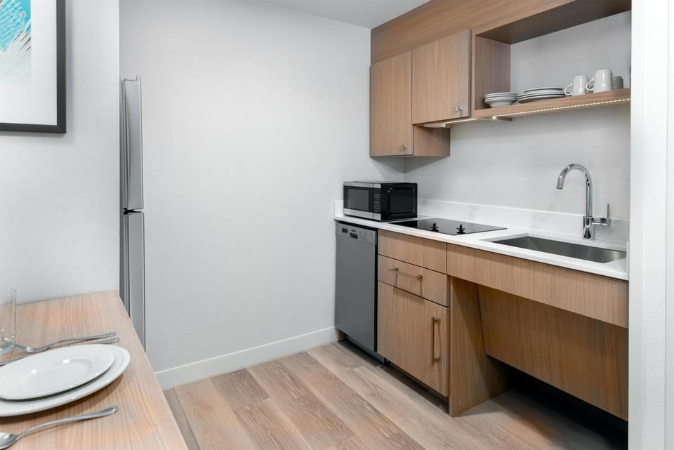 Full-size fridge, microwave, stovetop, dishwasher