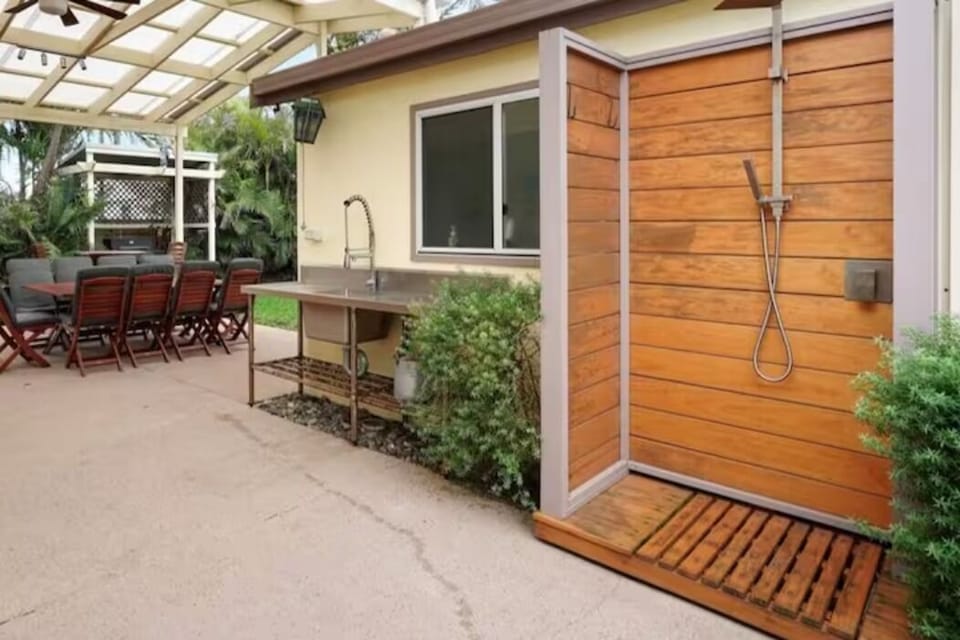 Outdoor shower for the sand and salt, Stainless Sink for your catch of the day!