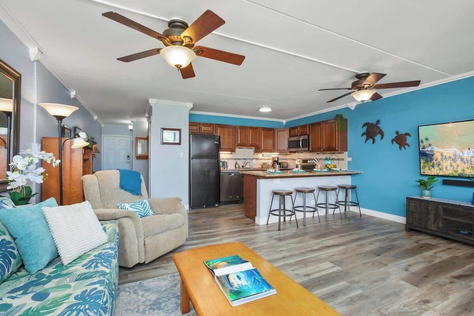 Spacious living area with smart TV.