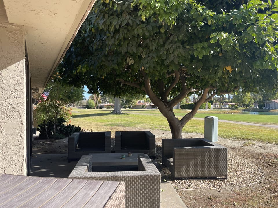 Patio seating on the golf course. 
