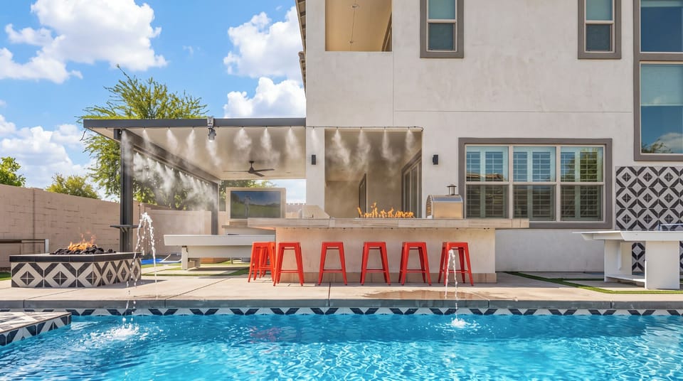 Outdoor misters help cool the patio during the daytime!