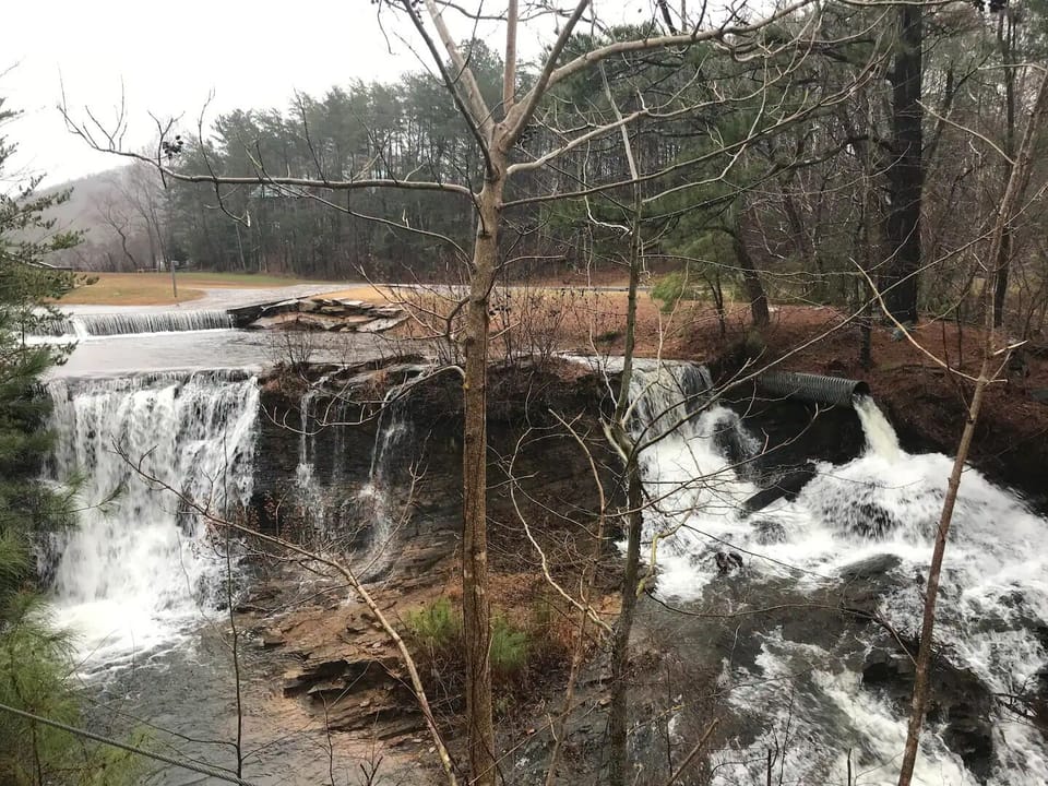 Spillway waterfall in Bent Tree community about 3.5 miles from cabin.
