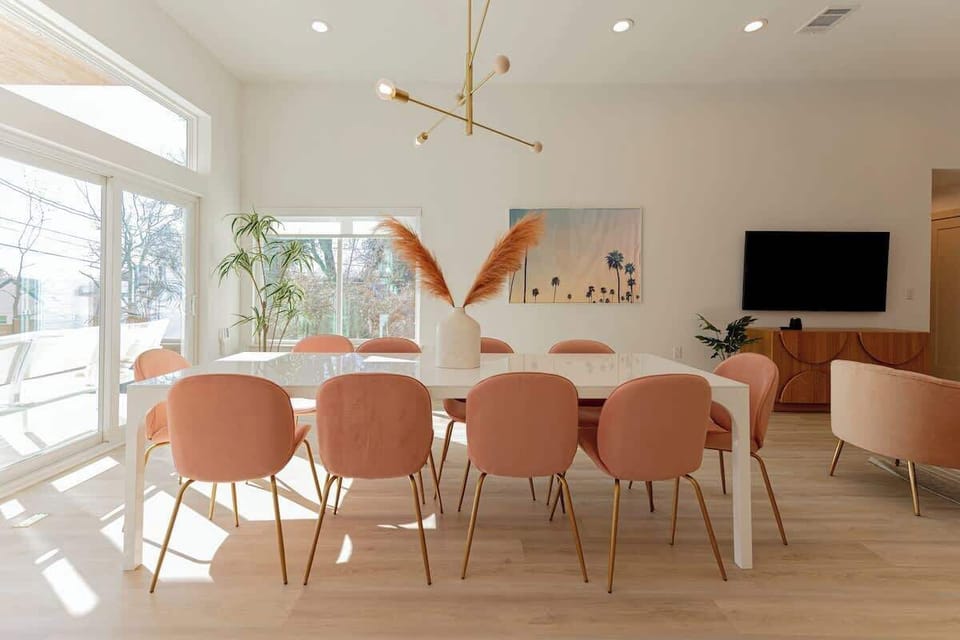 The dining table has seating for 10