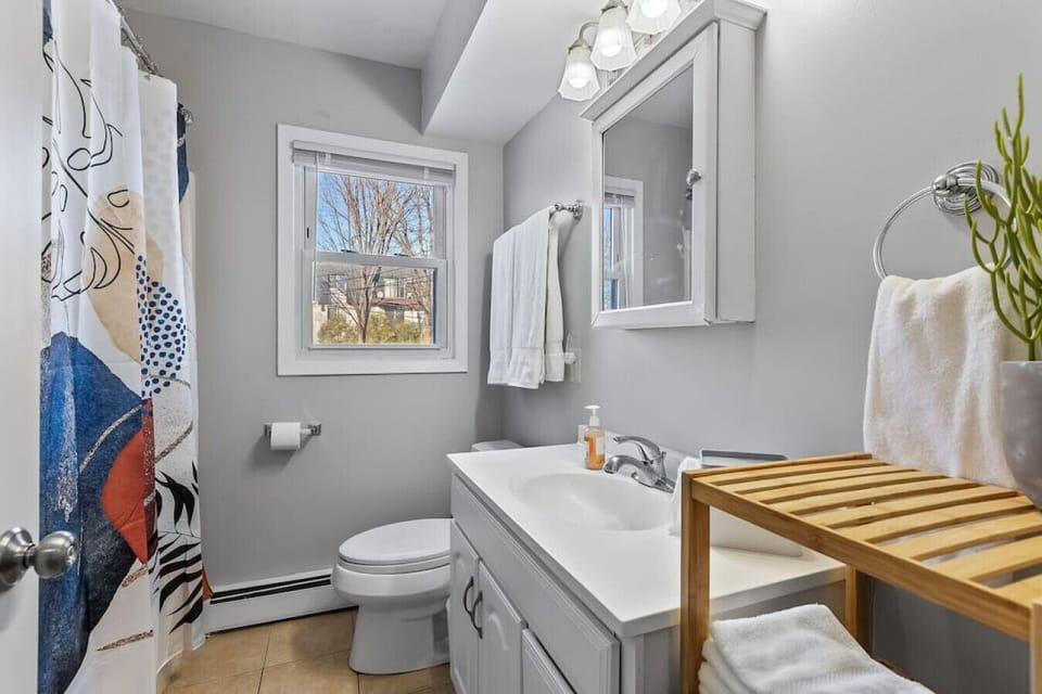 Bathroom - full bathtub with shower with makeup and towel rack.