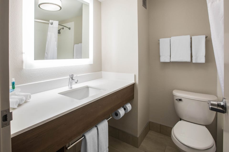 Combined shower/tub, free toiletries, hair dryer, towels