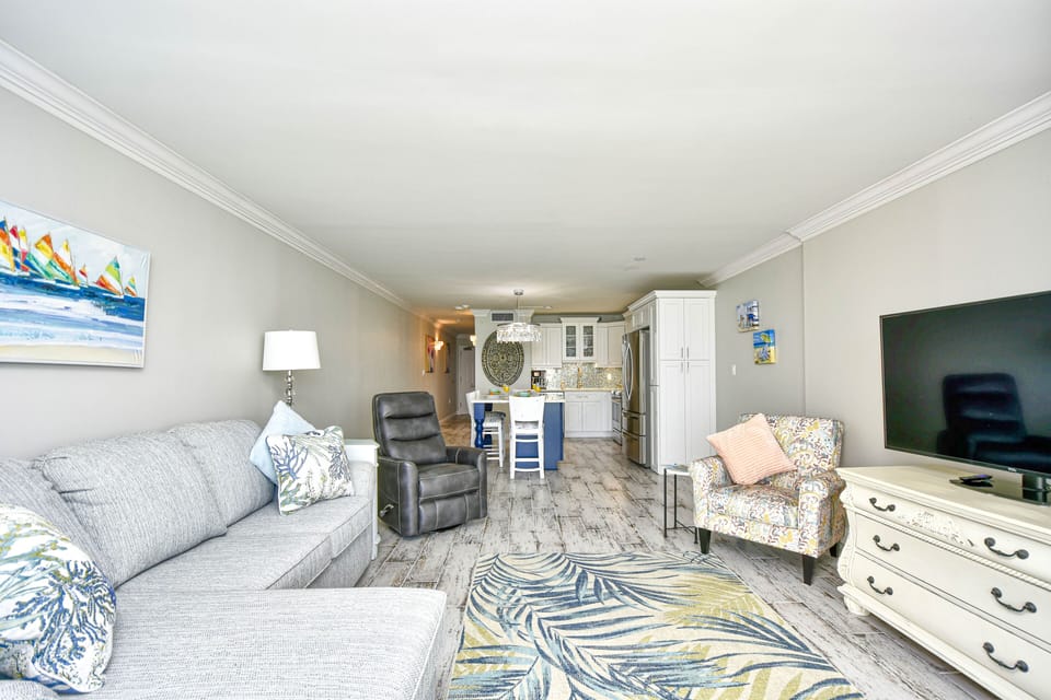 Large living room space. Lots of storage for your things. Also, has 55-inch TV.