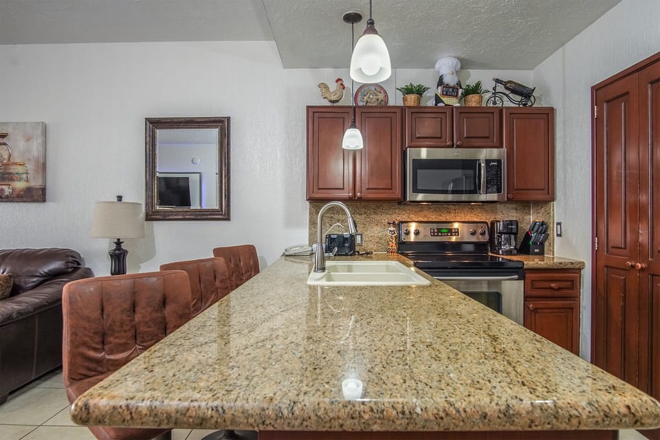 Kitchen counter with rich granite tones