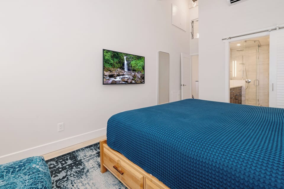 Wall mounted TV in main bedroom.