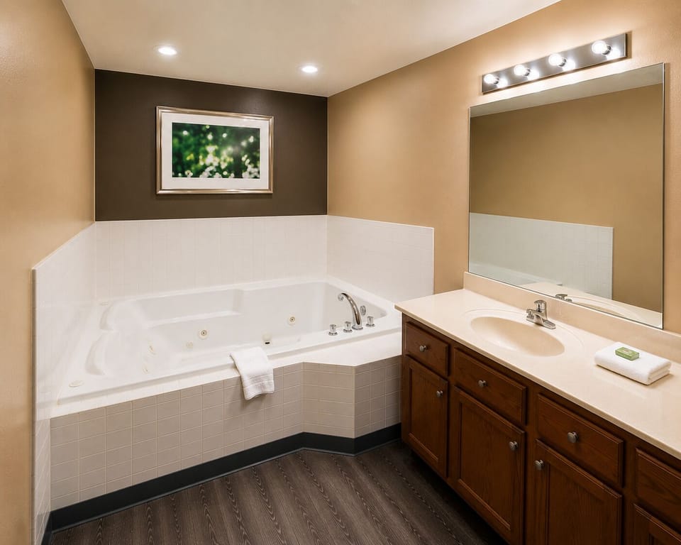 Jacuzzi Room, 1 King Bed | Bathroom | Combined shower/tub, free toiletries, towels