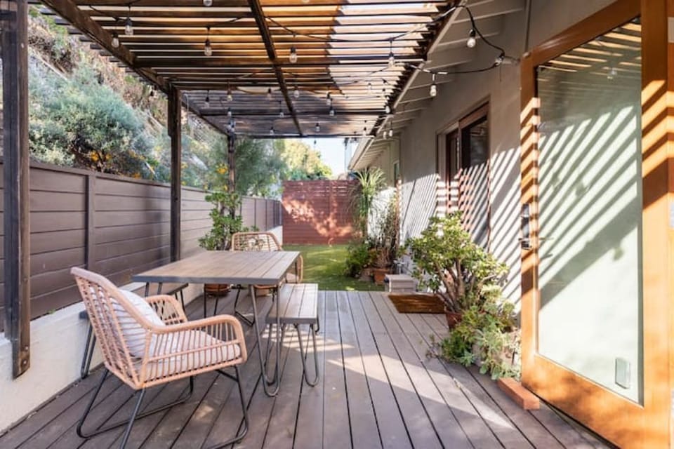 Dine alfresco in the shade on a sunny day or under bistro lights by night.  