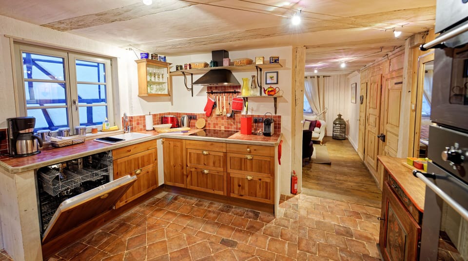 A spacious and very well equipped kitchen.
