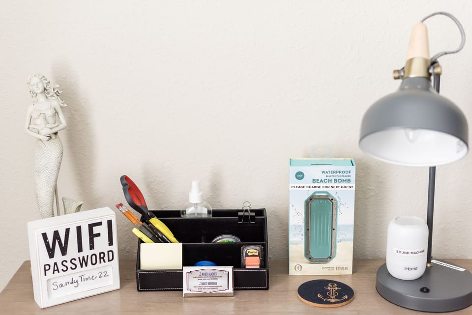 WIFI, office supplies, beach speaker BT, sound machine, lamp w/USB port, cards