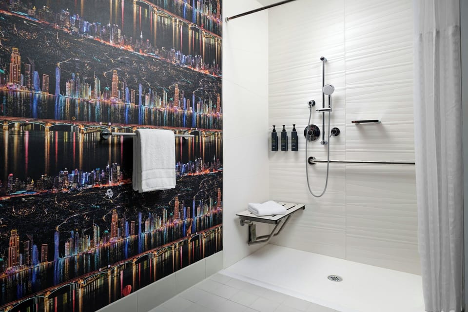 Shower, free toiletries, hair dryer, towels