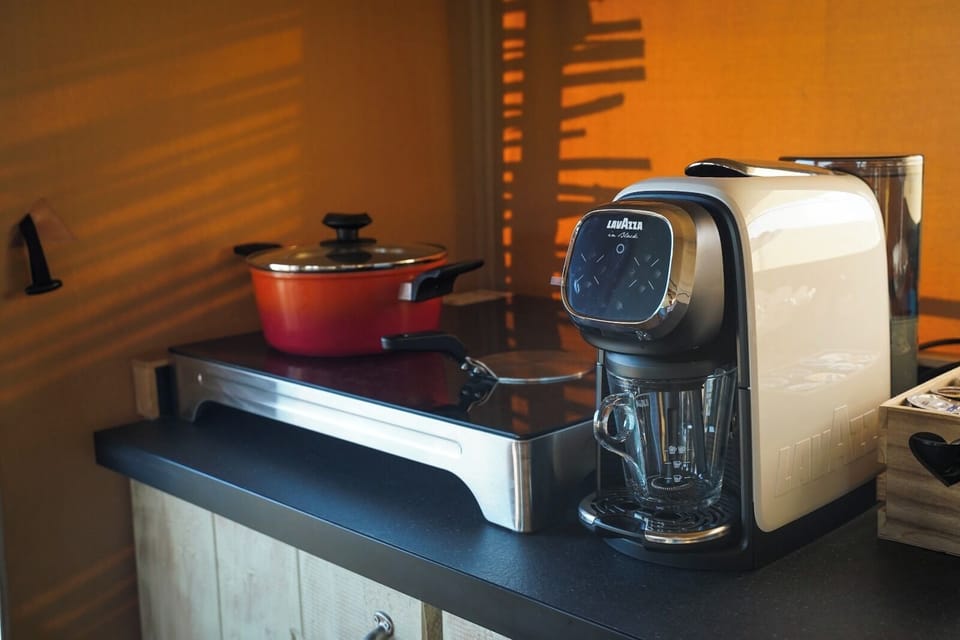 Deluxe Tent | Private kitchen | Fridge, stovetop, espresso maker, cookware/dishes/utensils