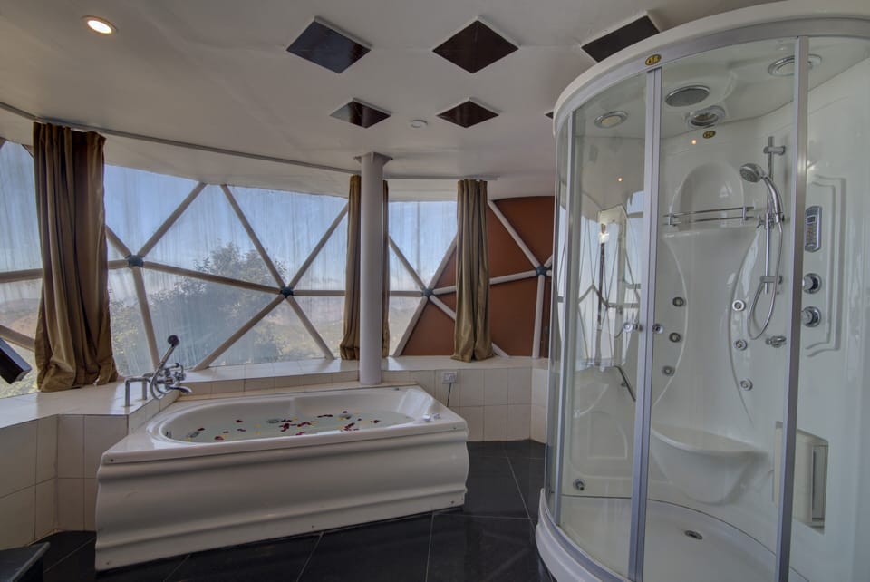Shower, rainfall showerhead, towels