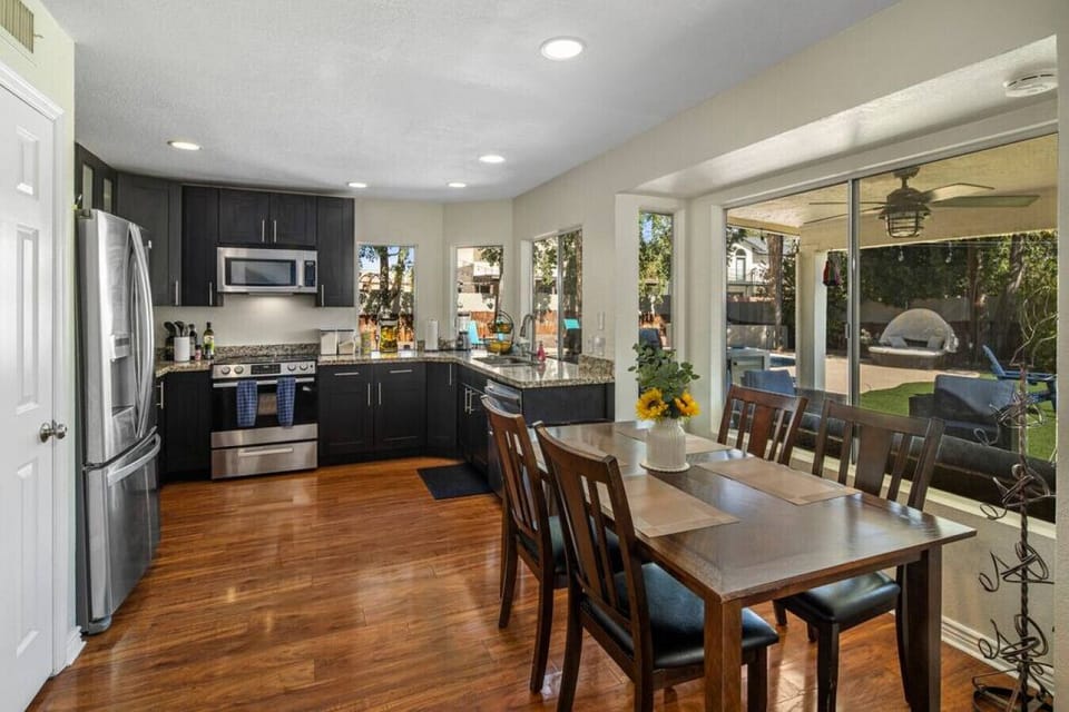 Our kitchen has tons of room and everything you could need! Including spices, blender, coffeemaker, rice maker, instapot, etc ....