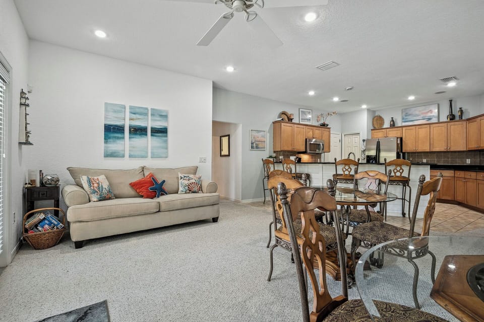 Queen Pull out sofa.  Dining area and kitchen.