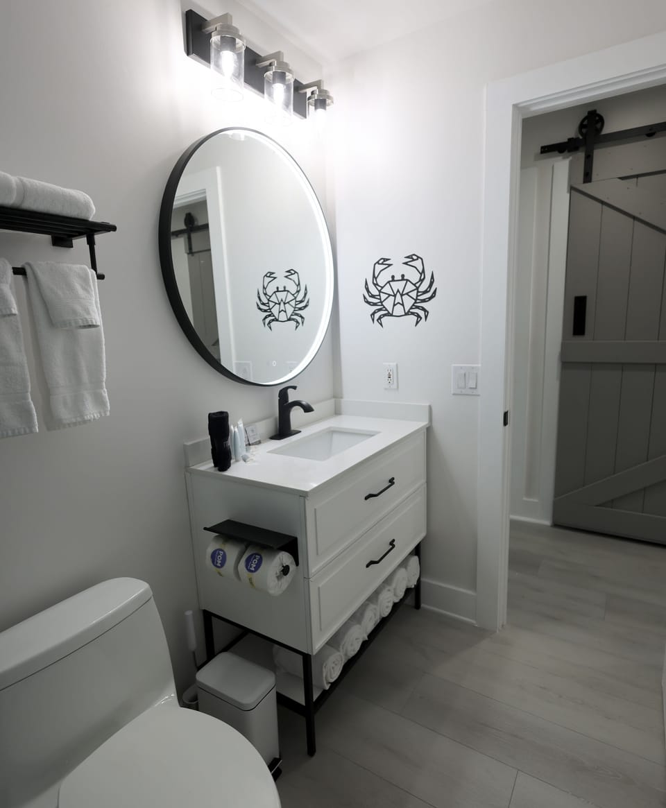 Downstairs bath with plenty of amenities to get you started.  LED mirror