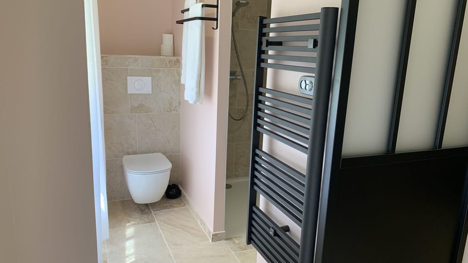 Shower, free toiletries, hair dryer, slippers