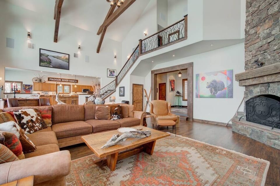 The great room opens to the kitchen and dining area. 