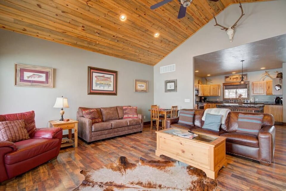 View of the spacious living room towards the kitchen. 