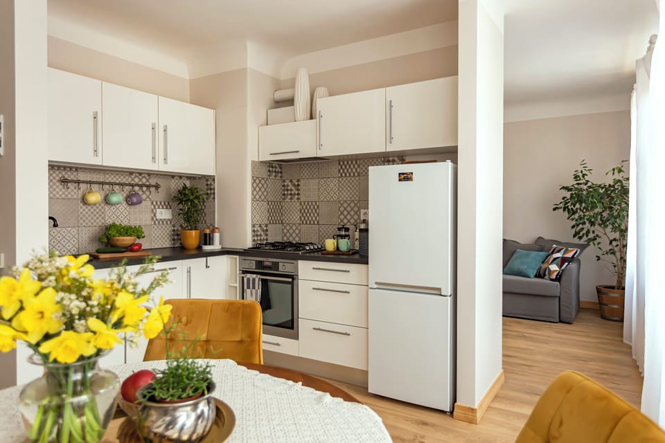 Kitchen with fridge, freezer, oven, stove and dishwasher